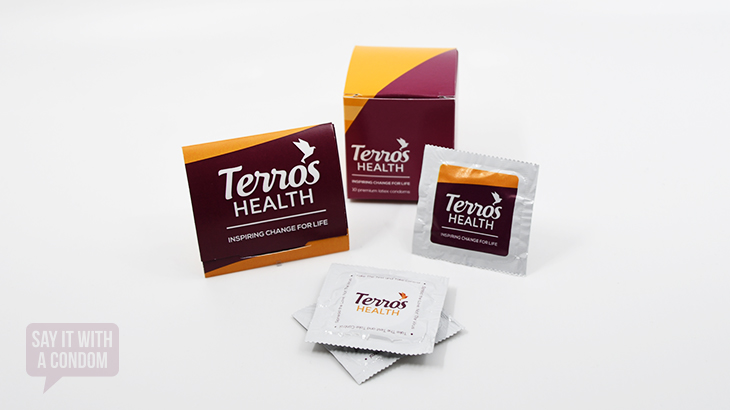 custom designed terros health condom, trifold, and cube.