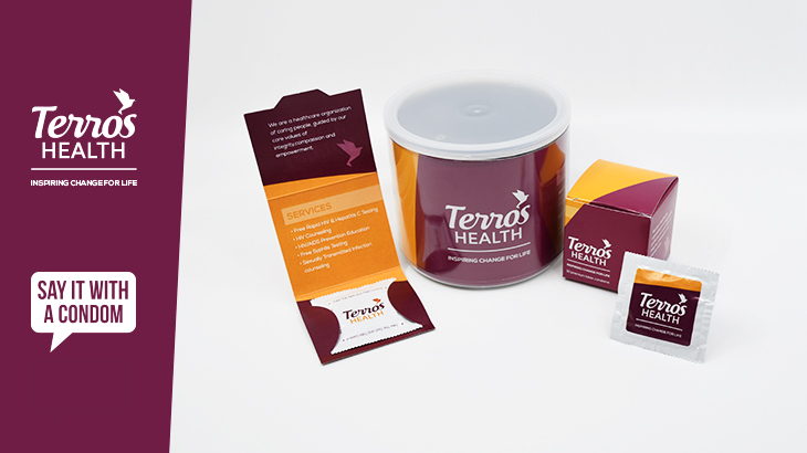 terros health say it with a condom cobranded trifold, canister, cube, and foil